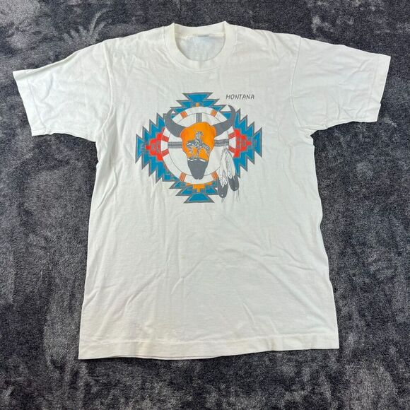 Vtg Fruit Of The Loom Montana Aztec Southwestern T-Shirt Single Stitch Bull L - Picture 1 of 10